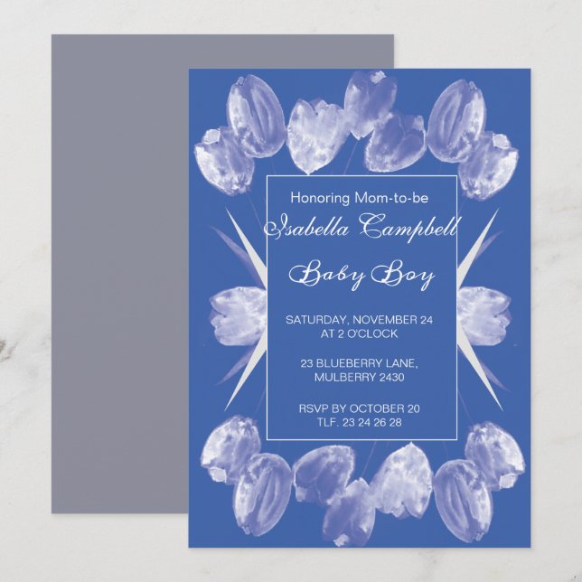 Invitación a Baby Shower de tulipanes azules (Anverso / Reverso)