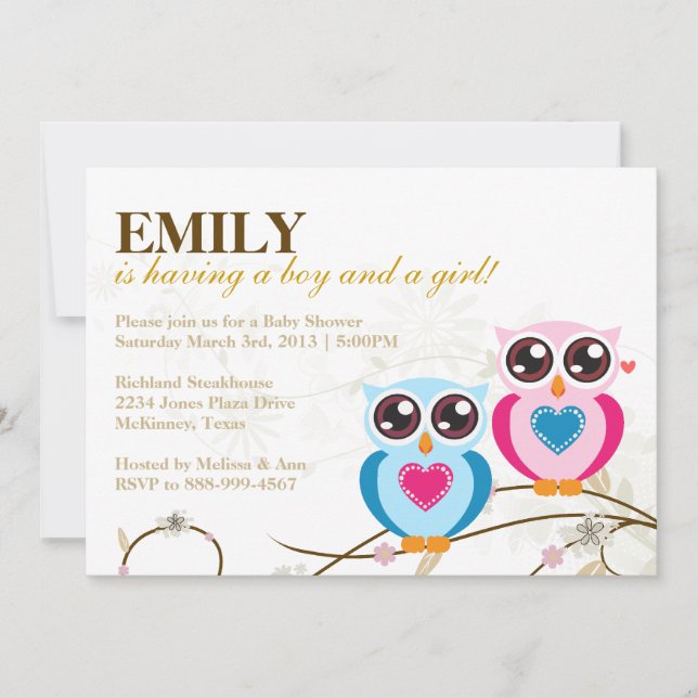 Invitación a Baby Shower de Twin Boy y Chica Owls (Anverso)