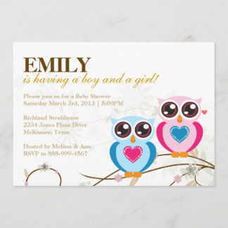 Invitación a Baby Shower de Twin Boy y Chica Owls