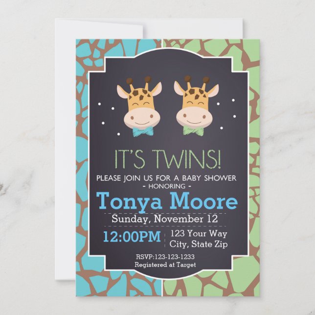 Invitación a Baby Shower de Twin Boys Giraffe (Anverso)