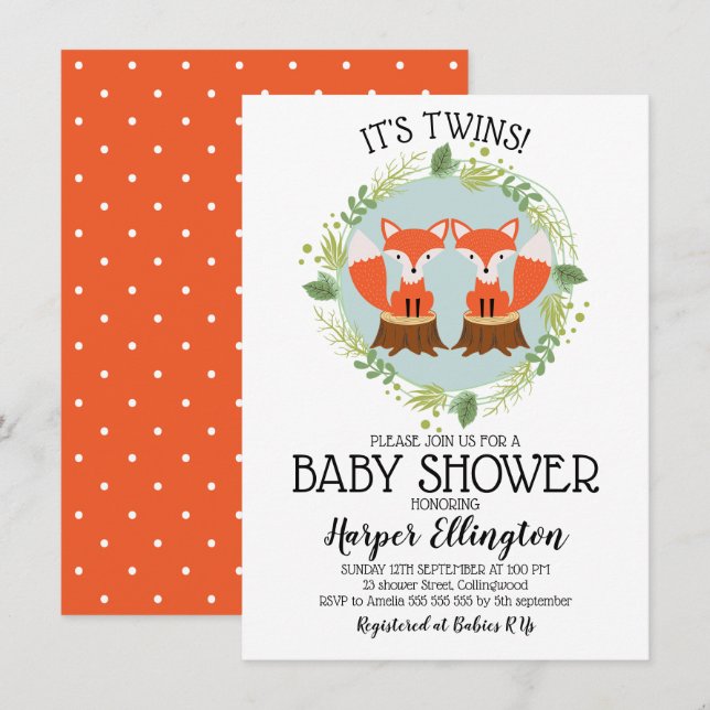 Invitación a Baby Shower de Twin Fox (Anverso / Reverso)