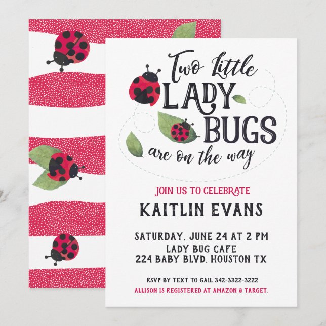 Invitación a Baby Shower de Twin Ladybug (Anverso / Reverso)