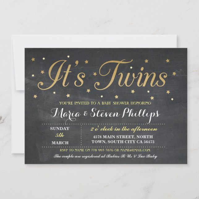 Invitación a Baby Shower de Twins Boy Chica Chalk  (Anverso)