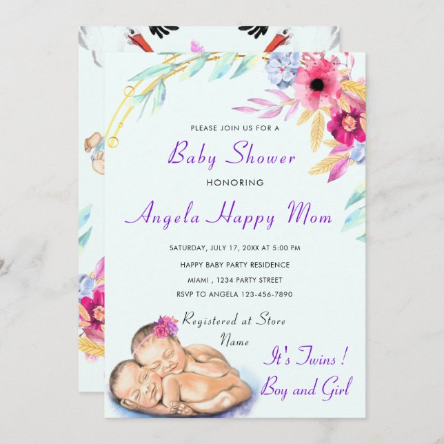 Invitación a Baby Shower de Twins Boy y Chica (Anverso / Reverso)