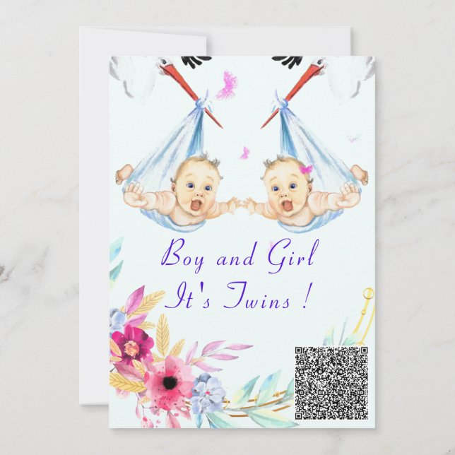 Invitación a Baby Shower de Twins Boy y Chica QR C (Reverso)