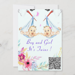 Invitación a Baby Shower de Twins Boy y Chica QR C