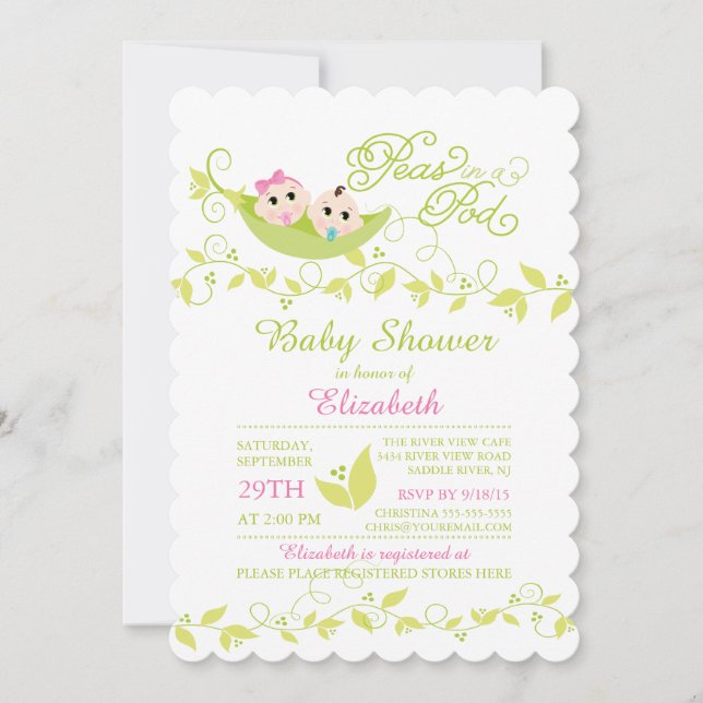 Invitación a Baby Shower de Twins Little Peas Chic (Anverso)