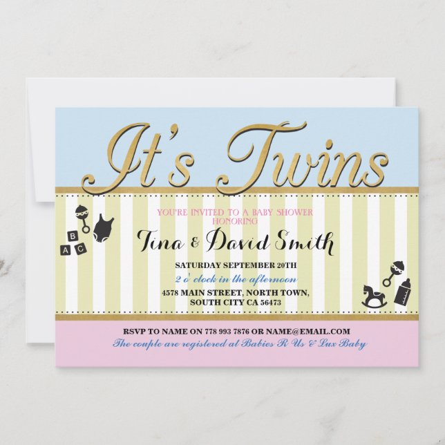 Invitación a Baby Shower de Twins Pink Blue Gold B (Anverso)