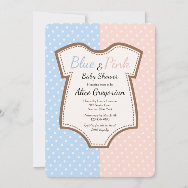 Invitación a Baby Shower de Twins Polkadot (Anverso)