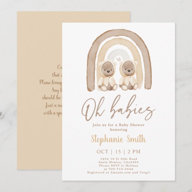 Invitación a Baby Shower de Twins Teddy Oso Arcoir (Anverso / Reverso)