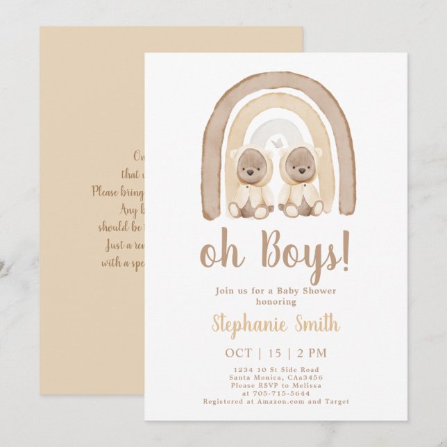 Invitación a Baby Shower de Twins Teddy Oso Arcoir (Anverso / Reverso)