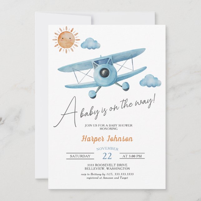 Invitación a Baby Shower de un avión azul (Anverso)