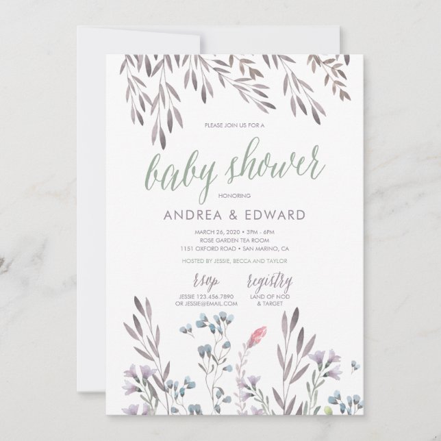 Invitación a Baby Shower de un Boda de flores silv (Anverso)
