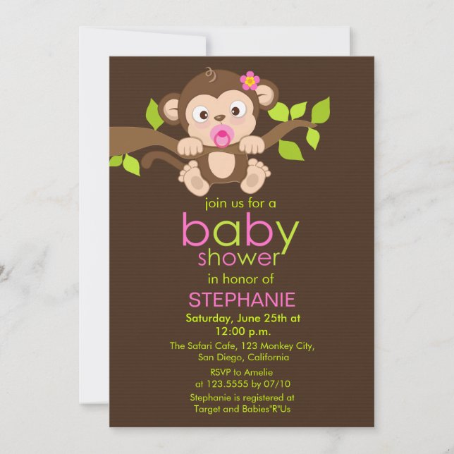 Invitación a Baby Shower de un Chica de mono peque (Anverso)