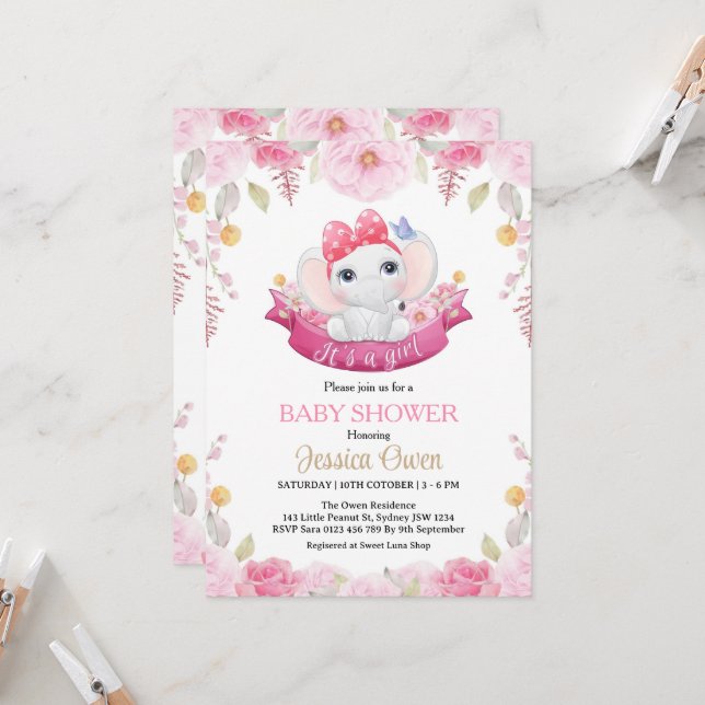 Invitación a Baby Shower de un Chica elefante lind (Anverso/Reverso In Situ)