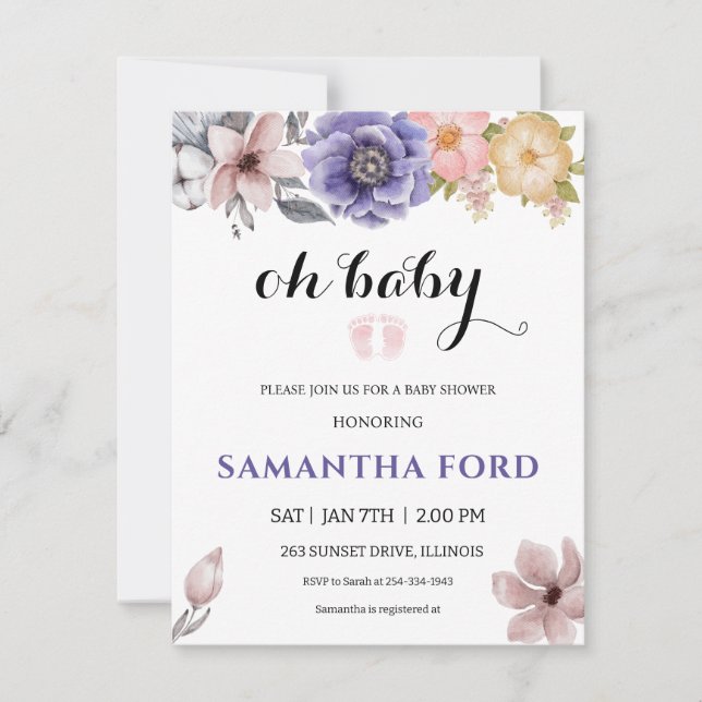 Invitación a Baby Shower de un Chica floral acuare (Anverso)