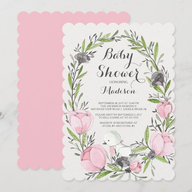 Invitación a Baby Shower de un Chica floral rosado (Anverso / Reverso)