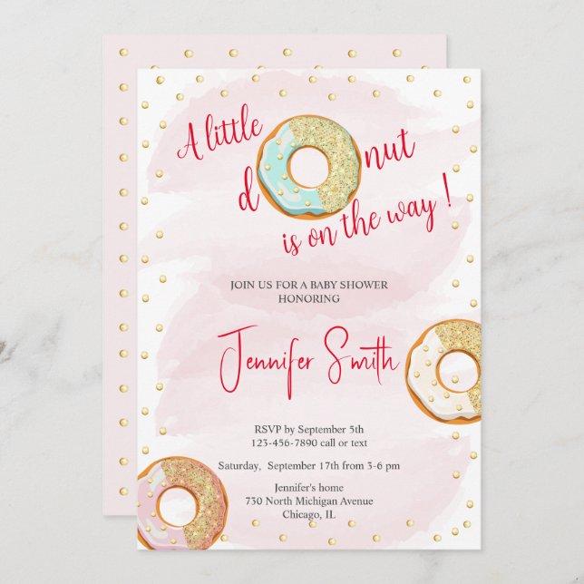 Invitación a baby shower de un donut dorado rosa p (Anverso / Reverso)