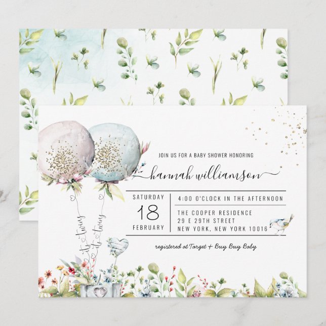 Invitación a Baby Shower de un globo de Chica geme (Anverso / Reverso)