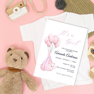Invitación a Baby Shower de un globo de oso Chica
