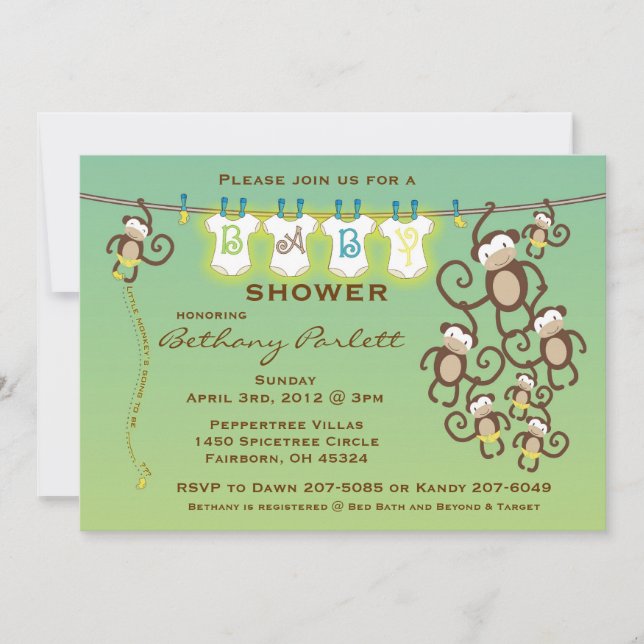 Invitación a Baby Shower de un mono pequeño (Anverso)
