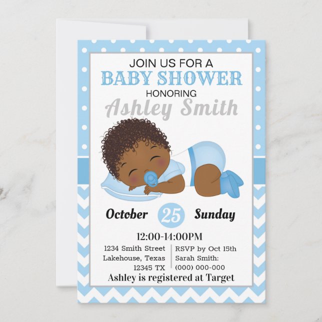 Invitación a Baby Shower de un niño afroamericano (Anverso)