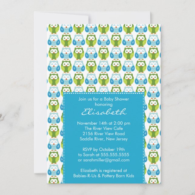 Invitación a Baby Shower de un niño de lechuzas az (Anverso)