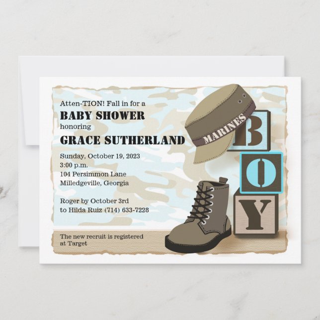 Invitación a Baby Shower de un niño militar (Anverso)