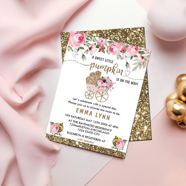 Invitación a Baby Shower de un pequeño Chica de ca (#zazzlemade #fallbabyshower #gold #babygirl #asweetlittlepumpkin #babycargold,handmade #original)