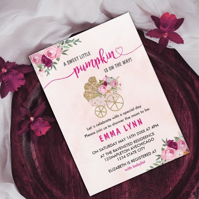 Invitación a Baby Shower de un pequeño Chica de ca (#zazzlemade #pumpkin #fall #babyshower)