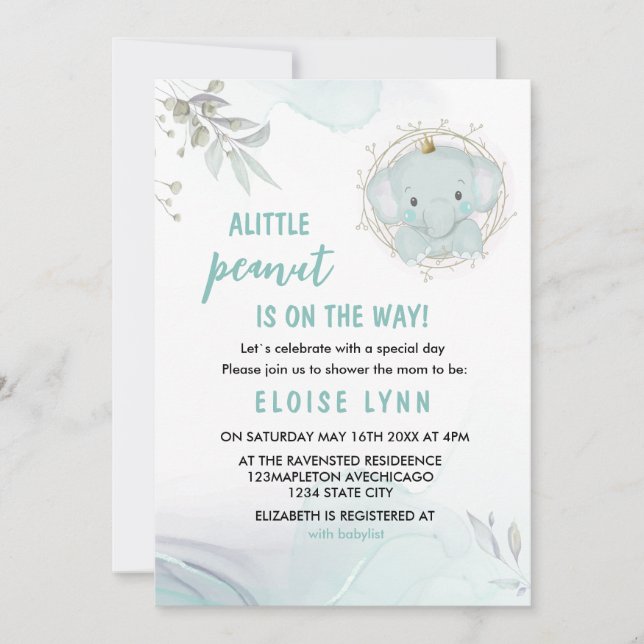 Invitación a Baby Shower de un pequeño elefante ni (Anverso)