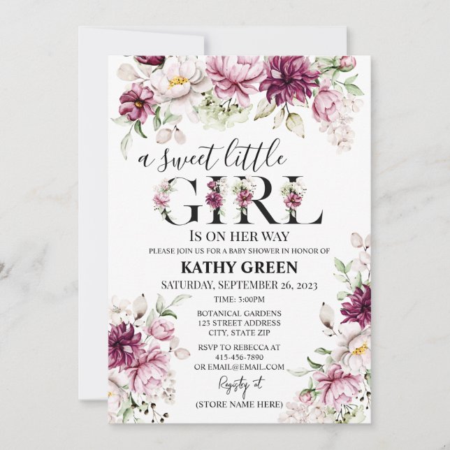 Invitación a Baby Shower de una niña dulce (Anverso)