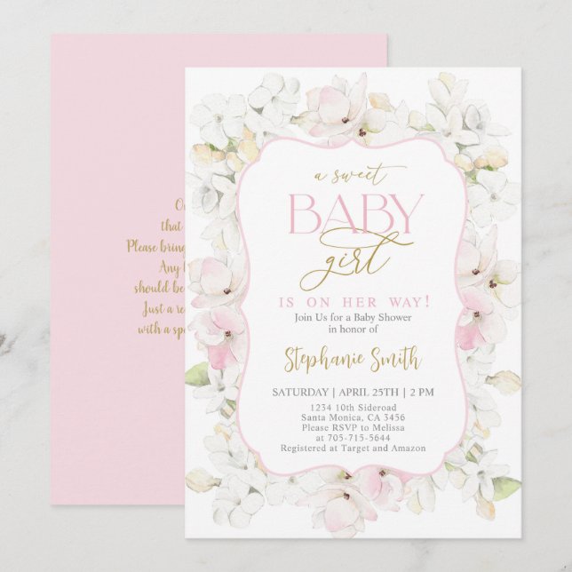 Invitación a Baby Shower de una niña dulce Hydrang (Anverso / Reverso)