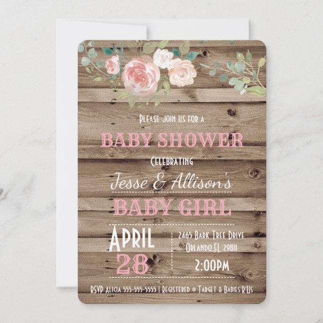 Invitación a Baby Shower de una niña floral rústic (Anverso)