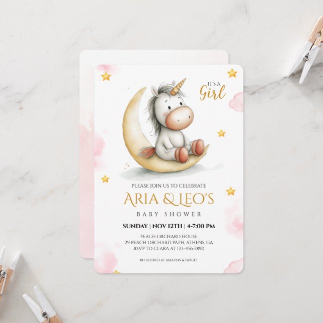 Invitación a Baby Shower de Unicorn (Anverso/Reverso In Situ)
