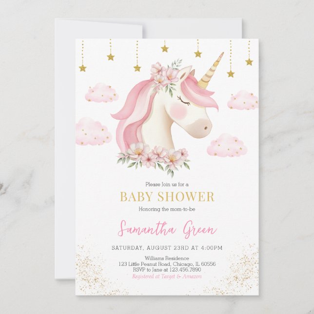 Invitación a Baby Shower de Unicorn (Anverso)