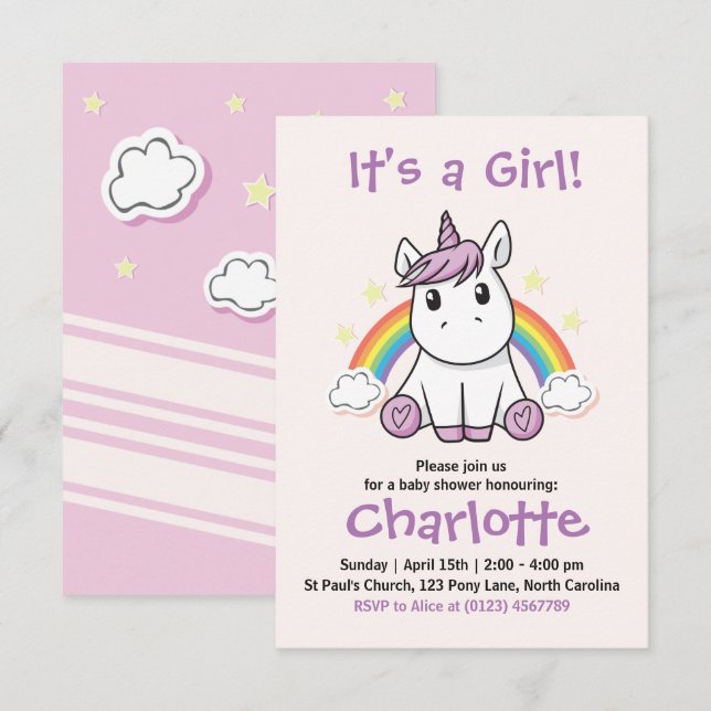 Invitación a Baby Shower de Unicorn (Anverso / Reverso)