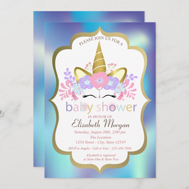 Invitación a Baby Shower de Unicorn,Blue Holograph (Anverso / Reverso)