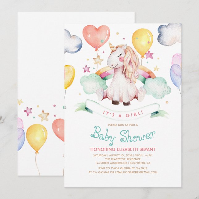Invitación a Baby Shower de Unicorn| Es un Chica (Anverso / Reverso)