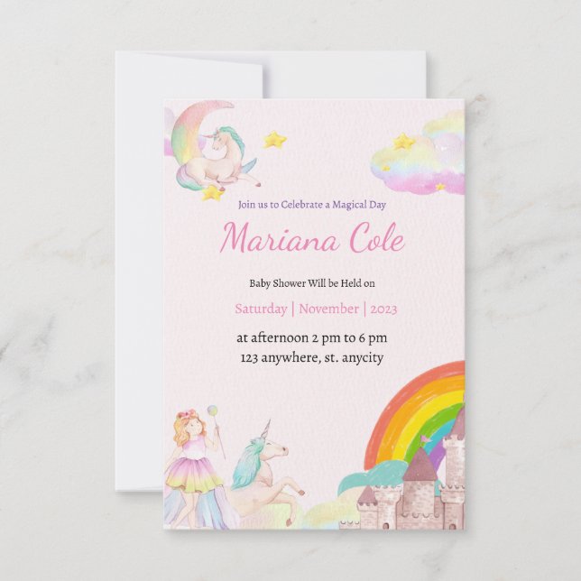 Invitación a Baby Shower de Unicorn Fairy Baby Gir (Anverso)
