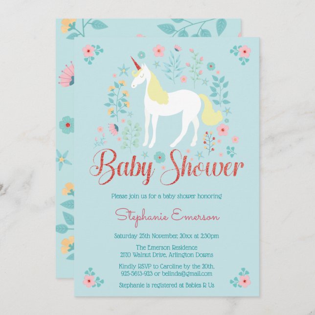 Invitación a Baby Shower de Unicorn Rosa Gold Purp (Anverso / Reverso)