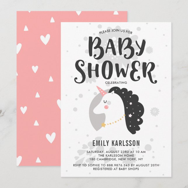 Invitación a Baby Shower de Unicornio curada y cap (Anverso / Reverso)