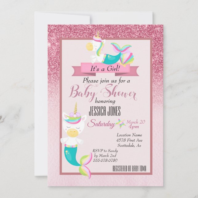 Invitación a Baby Shower de unicornio de sirena ro (Anverso)