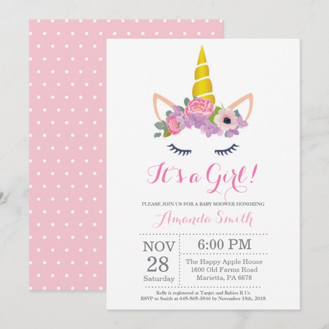 Invitación a Baby Shower de Unicornio Floral (Anverso / Reverso)