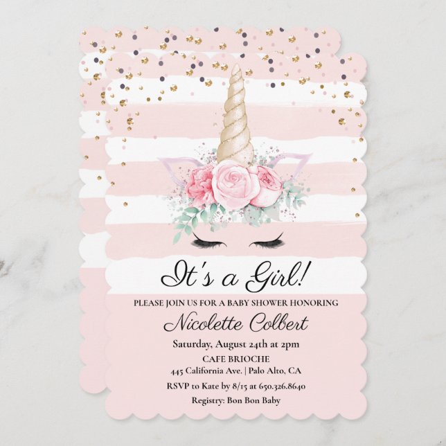 Invitación a Baby Shower de unicornio floral acuar (Anverso / Reverso)