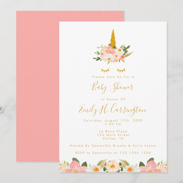 Invitación a Baby Shower de Unicornio Gold (Anverso / Reverso)