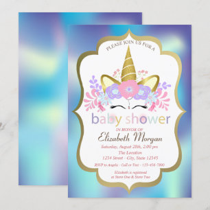 Invitación a Baby Shower de Unicornio Holográfico