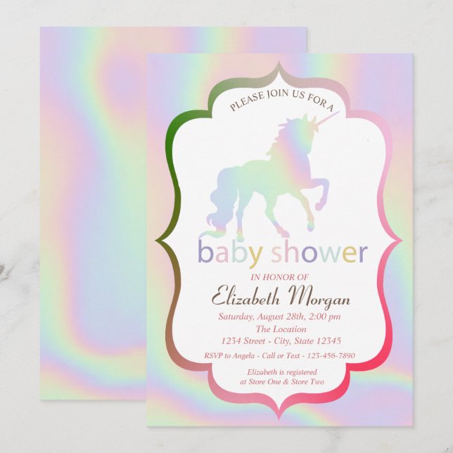 Invitación a Baby Shower de Unicornio holográfico (Anverso / Reverso)