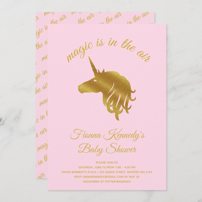 Invitación a Baby Shower de unicornio mágico rosa (Anverso / Reverso)