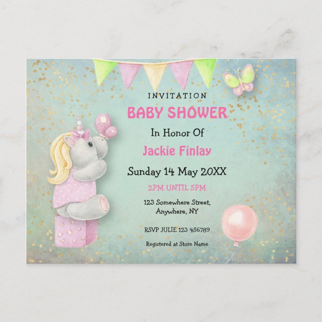 Invitación a Baby Shower de unicornio/mariposas (Anverso)